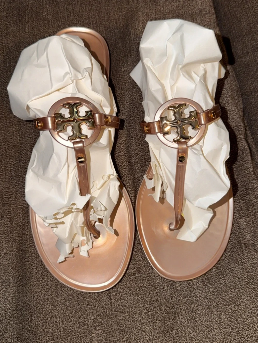 Tory Burch Metallic Rose Gold Logo T-Strap Sandals